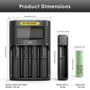 NITECORE UMS4 (156x105x40mm), UI1 (95x30x30mm), and 6x Samsung 25R Flat Top (65x18mm each) – complete kit dimensions.
