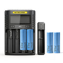 NITECORE UMS4 4-slot charger, UI1 portable single-slot charger, and 6x Samsung 50G 5000mAh high-capacity 21700 flat top batteries – high-capacity power bundle.