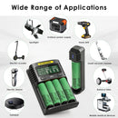 NITECORE UMS4 and UI1 chargers with Samsung 50S flat top batteries powering construction tools, drone production equipment, and agricultural field gear.