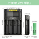 NITECORE UMS4 (156x105x40mm), UI1 (95x30x30mm), and 6x Samsung 50S 21700 flat top (70x21mm each) – complete system dimensions.