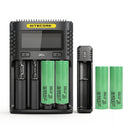 NITECORE UMS4 4-slot charger, UI1 portable single-slot charger, and 6x Samsung 50S 5000mAh 20A 21700 flat top batteries – high-output power system for construction sites and drone studios.