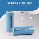 Close-up of OneAndes IFR26650 3600mAh cell showing 10A 3C specs and flat top terminal