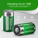PALO 1.5V D size 15000mWh rechargeable battery cycle life chart showing capacity retention after 300 recharge cycles for long-lasting performance.