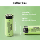 Mechanical dimension diagrams for Panasonic 26650A 5000mAh Flat, Large Button, and Small Button Top.
