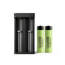 Panasonic NCR18650-B 3400mAh button top 2-pack with XTAR MC2 dual-slot USB charger – high-capacity long-run power kit for flashlights and camping lights.