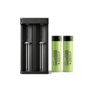 Panasonic NCR18650-B 3400mAh flat top 2-pack with XTAR MC2 dual-slot USB charger – high-capacity long-run power for flashlights, radios, and outdoor gear.