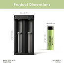 Panasonic NCR18650-B flat top – 65mm x 18.3mm. XTAR MC2 charger – 90mm x 44mm x 30mm.