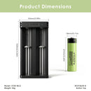 Panasonic NCR18650-B battery – 65mm x 18.3mm. XTAR MC2 charger – 90mm x 44mm x 30mm.