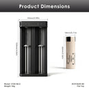 Panasonic NCR18650-BD flat top – 65mm x 18.3mm. XTAR MC2 charger – 90mm x 44mm x 30mm.