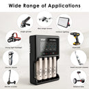 Four Panasonic NCR18650-BD flat top batteries charging in XTAR VC4SL – powering EDC flashlights, outdoor gear, and off-grid backup.