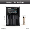 Panasonic NCR18650-BD flat top – 65mm x 18.3mm. XTAR VC4SL charger – 150mm x 100mm x 35mm.