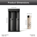 Panasonic NCR18650-BD – 65mm x 18.3mm. XTAR MC2 charger – 90mm x 44mm x 30mm.