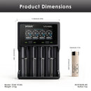 Panasonic NCR18650-BD – 65mm x 18.3mm. XTAR VC4SL charger – 150mm x 100mm x 35mm.