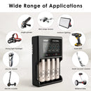 Four Panasonic NCR18650-BD batteries charging in XTAR VC4SL – powering flashlights, camping lights, and portable power stations.