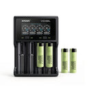 Panasonic NCR18650-GA 3500mAh 10A button top 4-pack with XTAR VC4SL 4-slot LCD charger – high-performance long-run power kit for high-lumen flashlights, power stations, and vapes.