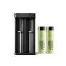 Panasonic NCR18650-GA 3500mAh flat top 2-pack with XTAR MC2 dual-slot USB charger – high-performance power bundle for EDC flashlights, camping lights, and drones.
