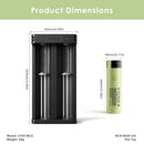Panasonic NCR18650-GA flat top – 65mm x 18.3mm. XTAR MC2 charger – 90mm x 44mm x 30mm.