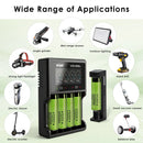 Six Panasonic NCR18650-GA flat top batteries with VC4SL and MC1 chargers – powering EDC flashlights, camping gear, and high-drain devices.