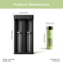 Panasonic NCR18650-GA – 65mm x 18.3mm. XTAR MC2 charger – 90mm x 44mm x 30mm.