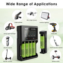 Six Panasonic NCR18650-GA flat top batteries with VC4SL and MC1 chargers – powering EDC flashlights, camping gear, and high-drain devices.