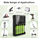 Four Panasonic NCR18650-GA batteries charging in XTAR VC4SL – powering high-lumen flashlights, power stations, and vapes.