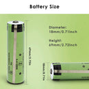 Panasonic NCR18650GA 3500mAh battery detailed dimensions showing Flat Top 65mm, Button Top 67mm, and Protected Button Top 69mm lengths, 18mm diameter, with 3.7V nominal voltage and 10A discharge specs.