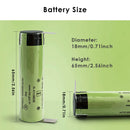 Panasonic NCR18650GA 18650 battery standard dimensions measuring 18.3mm diameter by 65mm height for flat top. Note: Nickel Tab, Protected Top and Pre-wired versions are 2-3mm longer.