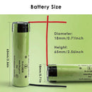 Panasonic NCR18650GA 3500mAh battery detailed dimensions showing Flat Top 65mm, Button Top 67mm, and Protected Button Top 69mm lengths, 18mm diameter, with 3.7V nominal voltage and 10A discharge specs.