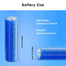 Doublepow 18650 3400mAh battery detailed dimensions showing Flat Top 65mm and Button Top 67mm lengths, 18mm diameter, weighing 47.2g with 3.7V nominal voltage specs.
