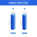 Doublepow 18650 3400mAh battery detailed dimensions showing Flat Top 65mm and Button Top 67mm lengths, 18mm diameter, weighing 47.2g with 3.7V nominal voltage specs.