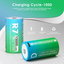 R7 1.5V D size 15000mWh rechargeable Li-ion battery cycle life chart showing stable capacity retention after 300 charge and discharge cycles.