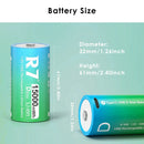 R7 1.5V D size 15000mWh USB rechargeable battery detailed dimensions measuring 32mm diameter by 60mm height, with technical specs table and weight at 64g.