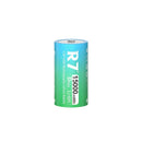 R7 1.5V D size 15000mWh USB-C rechargeable button top lithium battery with 1.5V constant voltage output, 2H fast charge, and included storage case and cable.