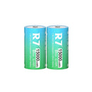 R7 1.5V D size 15000mWh USB-C rechargeable button top lithium battery with 1.5V constant voltage output, 2H fast charge, and included storage case and cable.