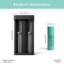 Samsung 20R flat top – 65mm x 18.3mm. XTAR MC2 charger – 90mm x 44mm x 30mm.