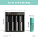 Samsung 20R flat top – 65mm x 18.3mm. XTAR MC4S charger – 135mm x 85mm x 35mm.