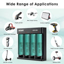 Four Samsung 20R flat top batteries charging in XTAR MC4S – powering EDC flashlights, drones, and custom power packs.