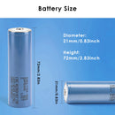 Samsung INR21700-50E 5000mAh battery detailed dimensions showing Flat Top 70mm and Button Top 73mm lengths, 21mm diameter, with 3.7V nominal voltage and 10A discharge specs.