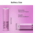Samsung INR18650-30Q 3000mAh battery detailed dimensions showing Flat Top 65mm, Button Top 67mm, and Protected Button Top 69mm lengths, 18mm diameter, with 3.7V nominal voltage and 15A discharge specs.