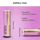 Samsung INR18650-30Q 3000mAh battery detailed dimensions showing Flat Top 65mm, Button Top 67mm, and Protected Button Top 69mm lengths, 18mm diameter, with 3.7V nominal voltage and 15A discharge specs.