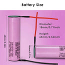 Samsung INR18650-30Q 3000mAh battery detailed dimensions showing Flat Top 65mm, Button Top 67mm, and Protected Button Top 69mm lengths, 18mm diameter, with 3.7V nominal voltage and 15A discharge specs.