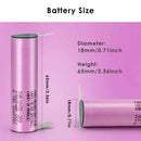 Samsung INR18650-30Q 3000mAh battery detailed dimensions showing Flat Top 65mm, Button Top 67mm, and Protected Button Top 69mm lengths, 18mm diameter, with 3.7V nominal voltage and 15A discharge specs.