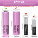 Samsung 30Q 18650 battery terminal guide comparing the flat top original cell with the third-party button top modification. Flat top is 65mm; button top adds extra length.
