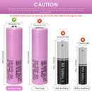 Samsung 30Q 18650 battery terminal guide comparing the flat top original cell with the third-party button top modification. Flat top is 65mm; button top adds extra length.