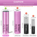 Samsung INR18650-30Q battery terminal guide showing Flat Top (65mm), Button Top (67mm), Nickel Tab, Protected Button Top (69mm), and Pre-wired with Leads options.