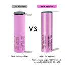 Samsung 30Q 18650 battery terminal guide comparing the flat top original cell with the third-party button top modification. Flat top is 65mm; button top adds extra length.
