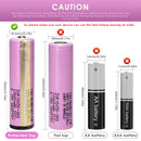Samsung 30Q 18650 battery terminal guide comparing the flat top original cell with the third-party button top modification. Flat top is 65mm; button top adds extra length.
