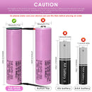 Samsung INR18650-30Q battery terminal guide showing Flat Top (65mm), Button Top (67mm), Nickel Tab, Protected Button Top (69mm), and Pre-wired with Leads options.