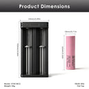 Samsung 30Q battery dimensions – 65mm height x 18.3mm diameter. XTAR MC2 charger dimensions – 90mm x 44mm x 30mm.