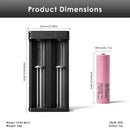 Samsung 30Q battery dimensions (65mm x 18mm) and XTAR MC2 charger dimensions (90mm x 44mm x 30mm).
